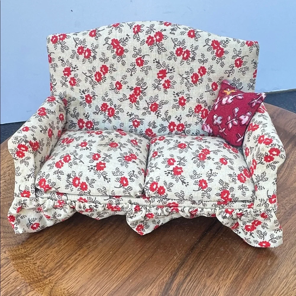 Floral Red & Cream Loveseat Accent Sofa doll house